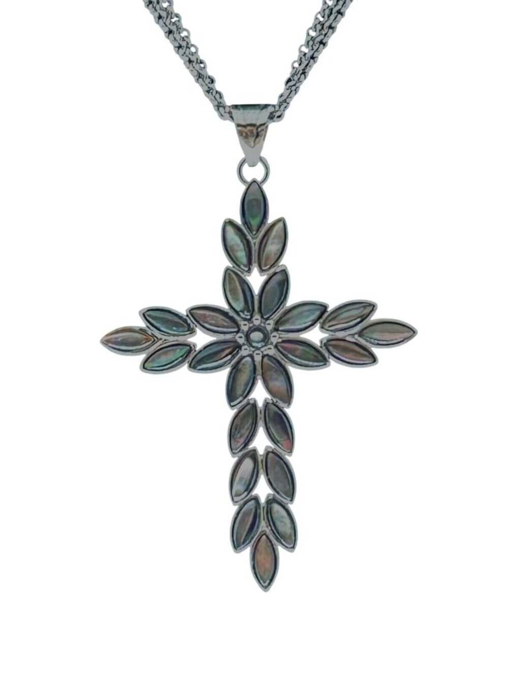 Stainless Steel Cross Necklace Chain Mother of Pearl Floral Pendant Leaf Marquis - Picture 2 of 10